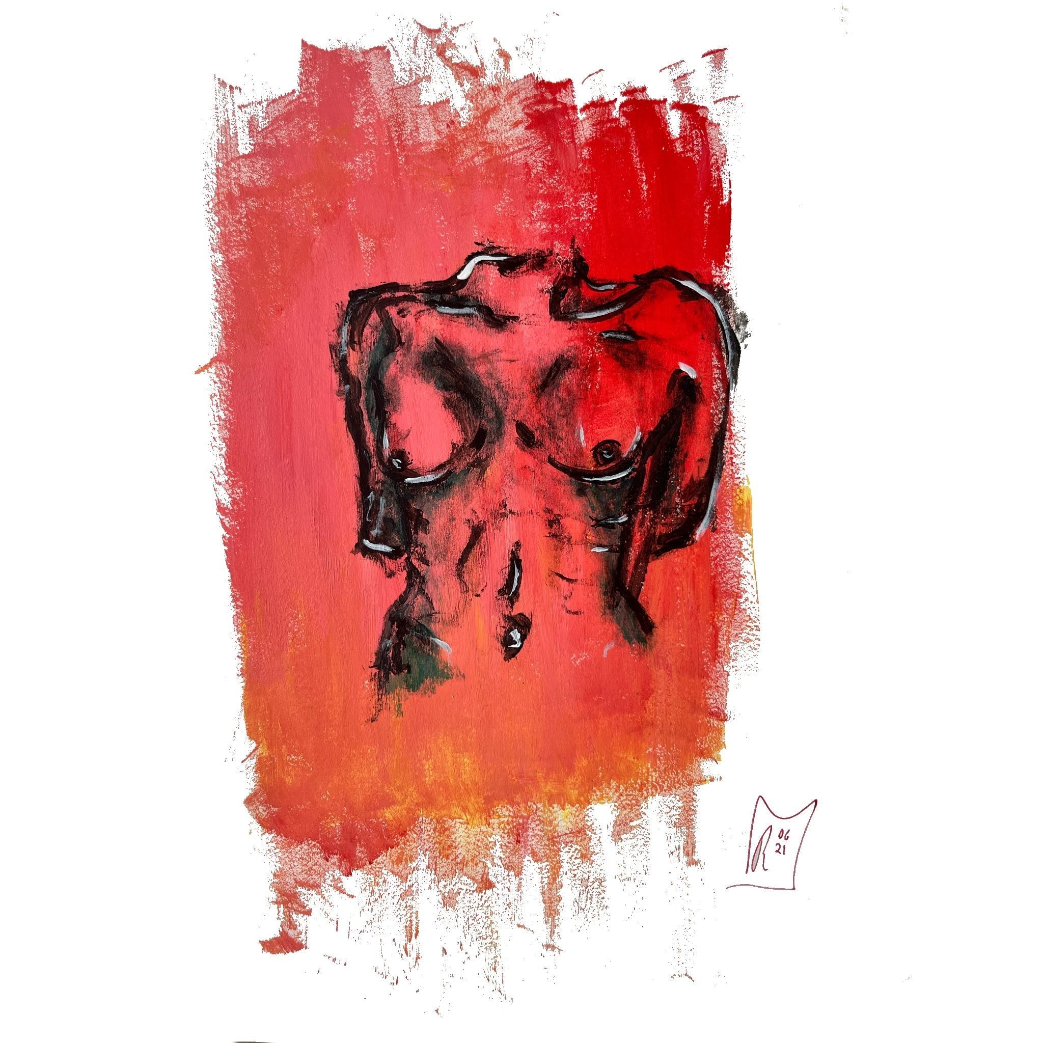 Black brushstroke nude female torso on crimson wash, signed (fine art nude)